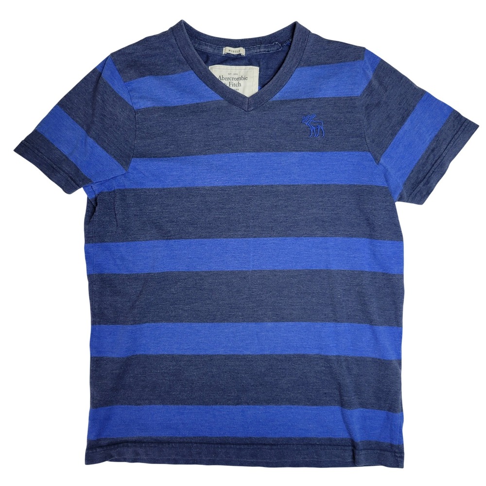 Abercrombie & Fitch Youth XL Blue Striped Muscle Fit V-Neck T-Shirt Moose Logo